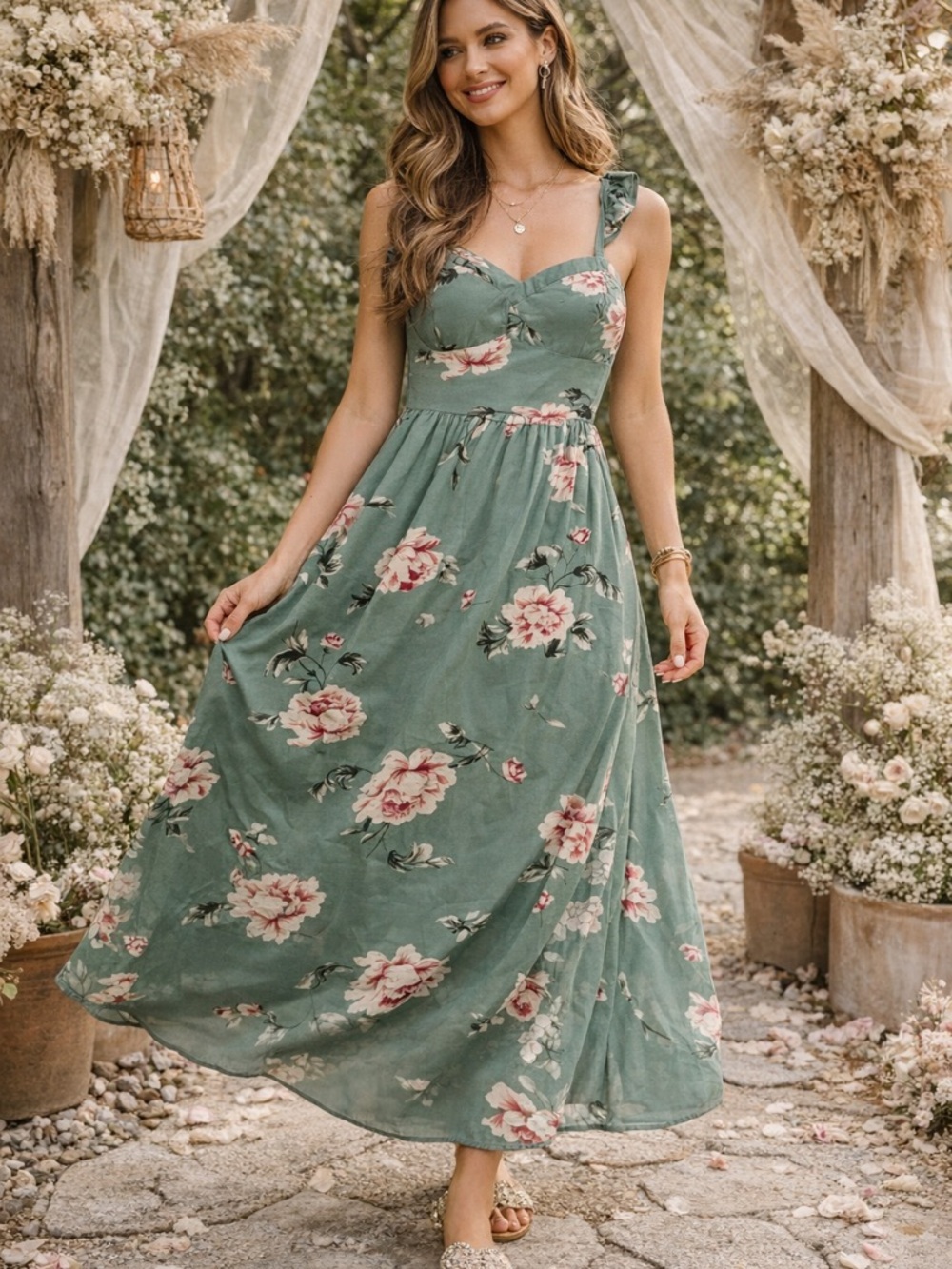 AUW Sage Green Floral Maxi Dress Large Ruffle Strap Smocked Back Boho
